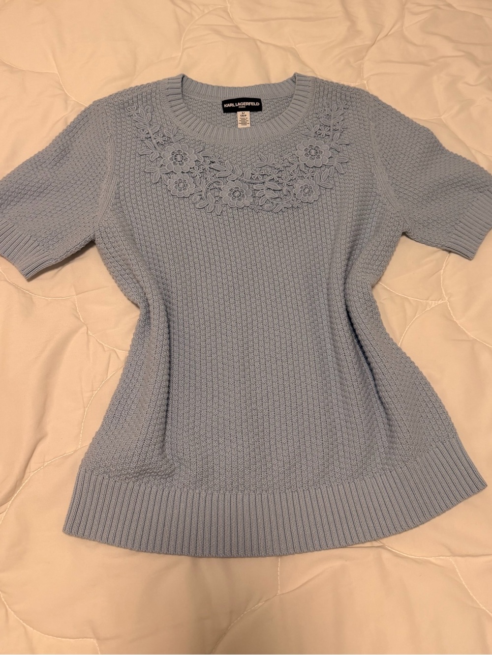 Karl Lagerfeld Light Blue Short-Sleeve Knit Top with Floral Appliqué